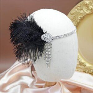 1920s Flapper Feather Headband, Black Silver
